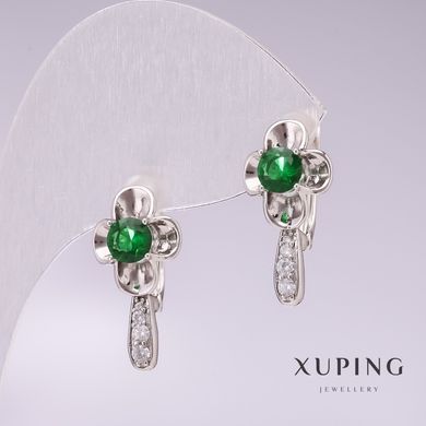 Сережки Xuping родій із зеленими каменями і білими стразами 20х10мм купити біжутерію дешево в інтернеті