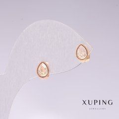 Сережки пусети кульчики Xuping краплі з білим каменем "бензин" позолота 18к 18х7мм