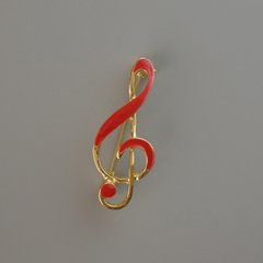 Брошка Скрипковий ключ червона емаль, золотистий метал 38х16мм купити біжутерію дешево в інтернеті