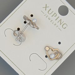 Сережки пусети "Серце" Xuping з білим кристалом та намистиною d-11х7мм родій купити біжутерію дешево в