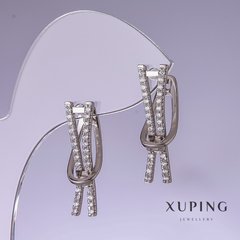Сережки Xuping з білими стразами 25х7мм родій купити біжутерію дешево в інтернеті