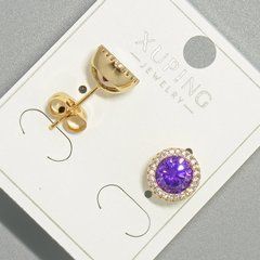Сережки пусети Xuping з фіолетовим кристалом та білими стразами, кругла оправа d-9,5мм позолота
