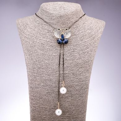 Підвіска-галстук Метелик з синіми кристалами і білими намистинами купити біжутерію дешево в інтернеті