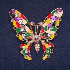 Брошка Метелик з кольоровою емаллю і стразами, золотистий метал 53х47мм купити біжутерію дешево в інтернеті