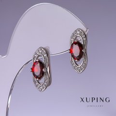 Сережки Xuping з червоними цирконами 19х8мм родій купити біжутерію дешево в інтернеті