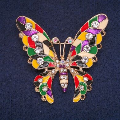 Брошка Метелик з кольоровою емаллю і стразами, золотистий метал 53х47мм купити біжутерію дешево в інтернеті