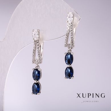 Сережки Xuping з синіми каменями 33х5мм родій купити біжутерію дешево в інтернеті