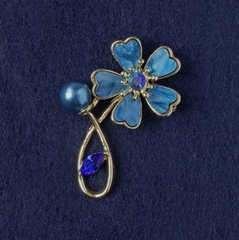Брошка Квітка синій перламутр,кристал,намистина, золотистий метал 33х51мм купити біжутерію дешево в інтернеті