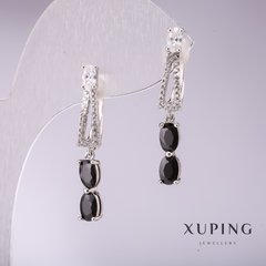 Сережки Xuping з чорними каменями 33х5мм родій купити біжутерію дешево в інтернеті