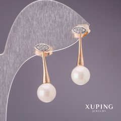 Сережки Xuping з перлами "Майорка" 26х8мм позолота 18к купити біжутерію дешево в інтернеті