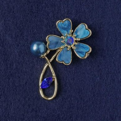 Брошка Квітка синій перламутр,кристал,намистина, золотистий метал 33х51мм купити біжутерію дешево в інтернеті