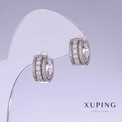 Сережки Xuping з білими стразами L-14мм s-6мм родій купити біжутерію дешево в інтернеті