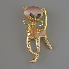 Брошка кулон Котик рожеве Котяче око, зелені кристали,рожеві та білі стрази, золотистий метал 25х55мм купити