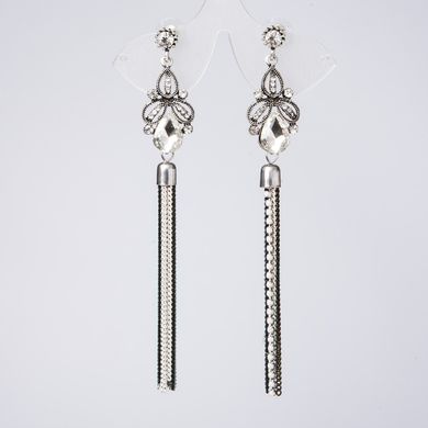 Сережки довгі "Роксолана" L-13 см колір металу "срібло" з білими кристалами купити біжутерію дешево в