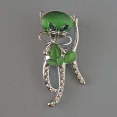 Брошка кулон Котик зелене Котяче око, зелені кристали,рожеві та білі стрази, сріблястий метал 25х55мм купити