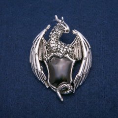 Брошка Кулон Геральдичний Срібний Дракон з чорною емаллю, сріблястий метал 49х68мм купити біжутерію дешево в