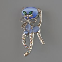 Брошка кулон Котик синє Котяче око, зелені кристали,рожеві та білі стрази, сріблястий метал 25х55мм купити