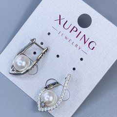 Сережки Xuping родій з перлиною d-8 мм та білими стразами L-24мм + -