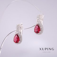 Сережки Xuping з червоними каменями 15х8мм родій купити біжутерію дешево в інтернеті