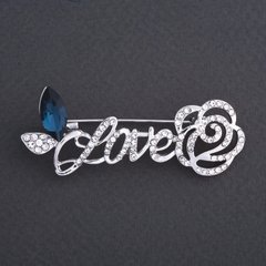 Брошка "Love з Розою" синій кристал 6х3см колір металу "срібло" купити біжутерію дешево в інтернеті