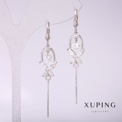 Сережки Xuping з білими каменями 55х10мм родій купити біжутерію дешево в інтернеті