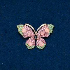 Брошка Метелик золотистий метал, рожеві, бірюзові стрази і рожеві намистини 34х48мм + - купити біжутерію