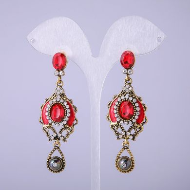 Сережки в східному стилі з червоними кристалами L-65мм купити біжутерію дешево в інтернеті