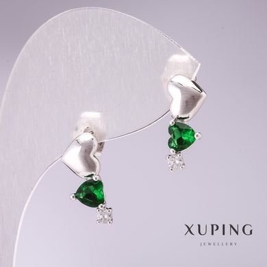 Сережки Xuping гірлянда з Сердець із зеленими каменями 17х7мм родій купити біжутерію дешево в інтернеті