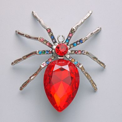 Брошка кулон Павук червоний кристал, різнокольорові стрази, сріблястий метал 56х64мм купити біжутерію дешево в