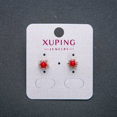Сережки пусети кульчики Xuping Позолота 18К з червоною намистиною з білими стразами d-8мм + - купити біжутерію
