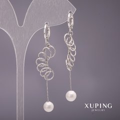 Сережки Xuping довгі з перлами Майорка колір білий 58х7мм родій купити біжутерію дешево в інтернеті