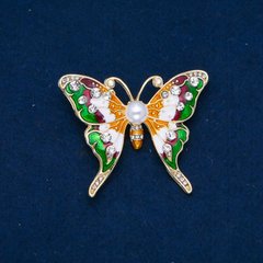 Брошка Метелик білі стрази, емаль, намистина, золотистий метал 52х44мм + - купити біжутерію дешево в інтернеті
