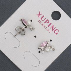 Сережки пусети кульчики Xuping з рожевими кристалами та Майоркою d-8х13мм Родій