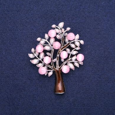 Брошка кулон Дерево Котячий Око з рожевою і коричневою емаллю, сріблястий метал 43х54мм купити біжутерію