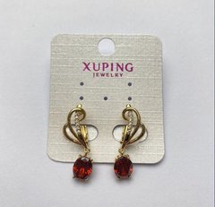 Сережки Xuping з червоним каменем та білими стразами d-7мм L-3 см+- Позолота 18К купити біжутерію дешево в