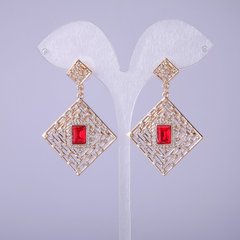 Сережки ромби стилі з червоними кристалами L-50мм купити біжутерію дешево в інтернеті