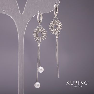 Сережки Xuping довгі асиметрія з перлами Майорка колір белий15х70мм родій купити біжутерію дешево в інтернеті