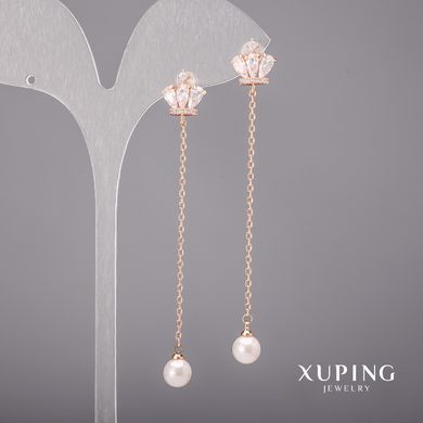 Сережки Xuping з білими каменями та перлами майорка 11х70мм Позолота 18К купити біжутерію дешево в інтернеті