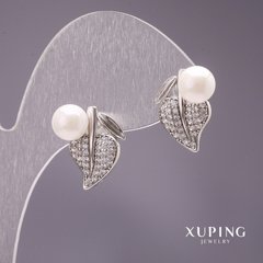 Сережки Xuping Листики з перлами Майорка колір білий 17х13мм родій купити біжутерію дешево в інтернеті