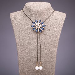 Підвіска-галстук Квітка з синіми кристалами на довгому ланцюжку метал "чорне золото" d-49мм L-90см купить