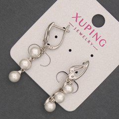 Сережки Xuping родій з перлиною d-6мм та білими стразами L-37мм + -