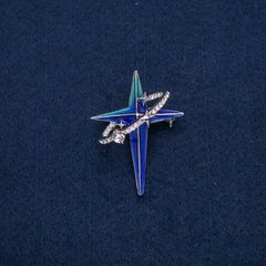 Брошь-кулон Звезда в овальном кольце серебристый металл с белыми стразами и в синей бирюзовой эмали 45х33мм +-