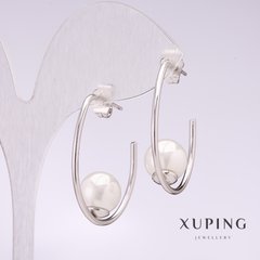 Сережки Xuping скоба з білою намистиною Майорка 33х10мм родій купити біжутерію дешево в інтернеті