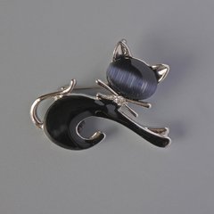 Брошка Котик чорне котяче око та емаль, сріблястий метал 43х35мм купити біжутерію дешево в інтернеті