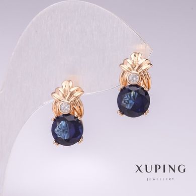 Сережки Xuping позолота 18к з синіми каменями та білими стразами 16х8мм купити біжутерію дешево в інтернеті