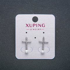 Сережки пусети кульчики Хрестик Xuping Родій з білими стразами та намистиною d-18х10мм + - купити біжутерію