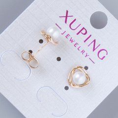 Сережки пусети Xuping з білою намистиною d-8,5мм, d- намистини 5мм+- позолота 18К