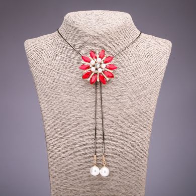 Підвіска-галстук Квітка з червоними кристалами на довгому ланцюжку метал "чорне золото" d-49мм L-90см купити