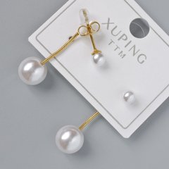 Сережки пусети Xuping з білою намистиною d-8мм, 4мм+-, L-25мм+- лимонна позолота купити біжутерію дешево в
