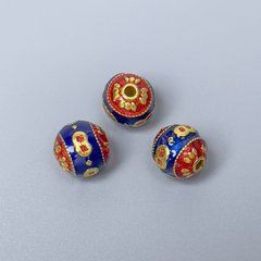 Фурнітура намистина Клуазоне синя червона емаль d-9мм+- отвір d-1,5мм золотистий колір металу 1 шт.